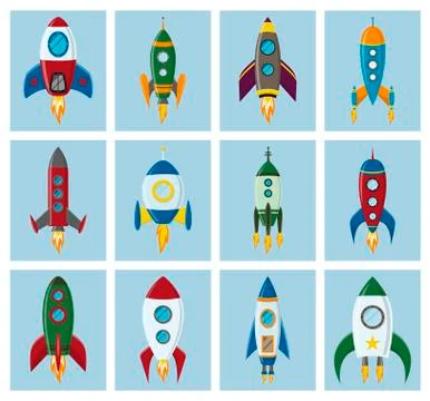 Vector retro space rocket ship icon set in a flat style. Design elements for Illustrazione stock