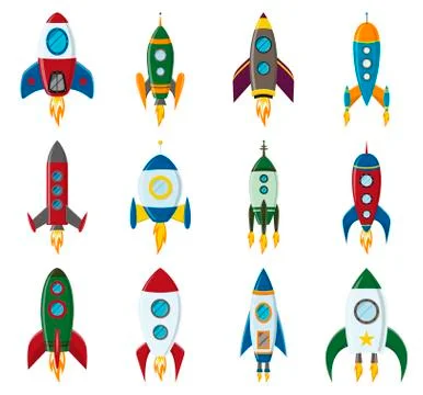 Vector retro space rocket ship icon set in a flat style. Design elements for Illustrazione stock