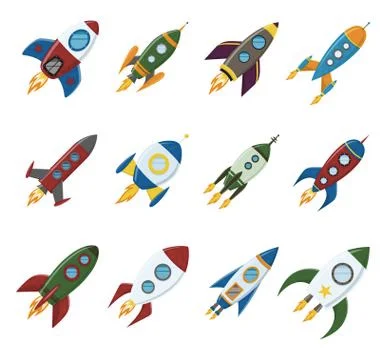 Vector retro space rocket ship icon set in a flat style. Design elements for Illustrazione stock