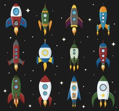 Vector retro space rocket ship icon set in a flat style. Design elements for イラスト素材