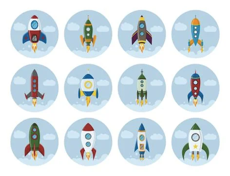 Vector retro space rocket ship icon set in a flat style. Design elements for Illustrazione stock