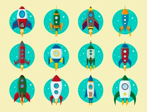 Vector retro space rocket ship icon set in a flat style. Design elements for Illustrazione stock