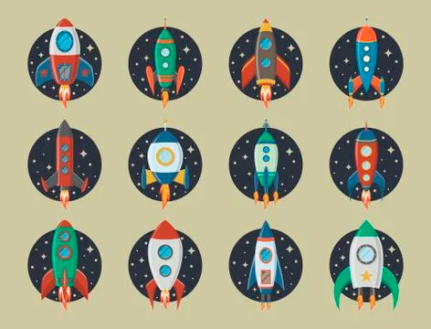 Vector retro space rocket ship icon set in a flat style. Design elements for 스톡 일러스트
