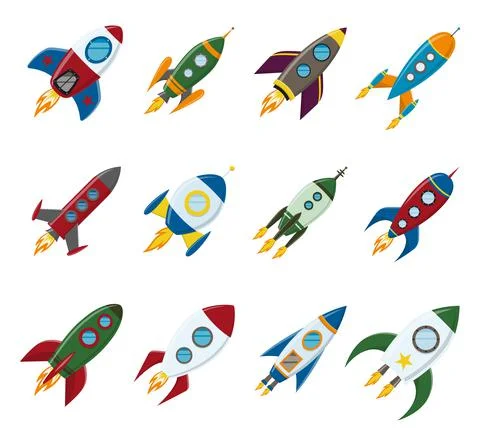Vector retro space rocket ship icon set in a flat style.  Stock Illustration
