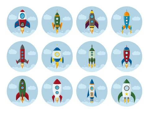 Vector retro space rocket ship icon set in a flat style.  Stock Illustration
