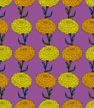 Vector retro style marigold floral seamless pattern. hand-drawn flower pattern Stock Illustration