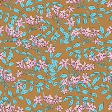 Vector retro style pink Jasmine floral seamless repeat pattern. brown background Illustrazione stock