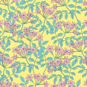 Vector retro style pink Jasmine floral seamless repeat pattern Stock Illustration