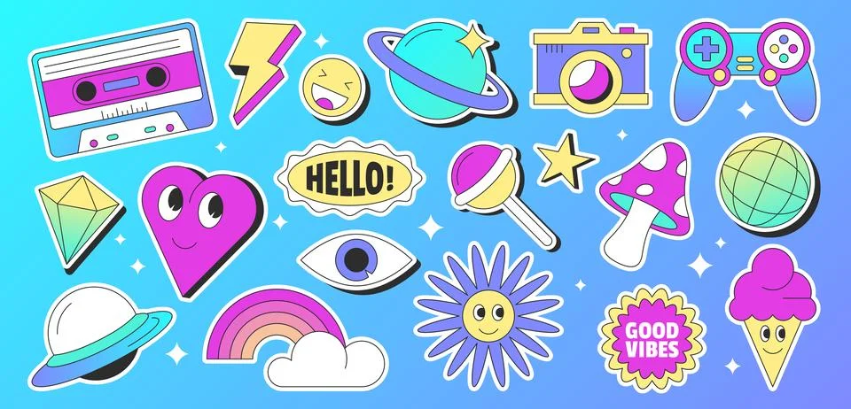 Vector retro style sticker pack with 90s elements Stock Illustration