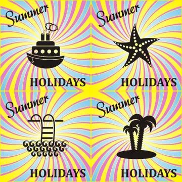 Vector retro summer holidays card with black icons 스톡 일러스트
