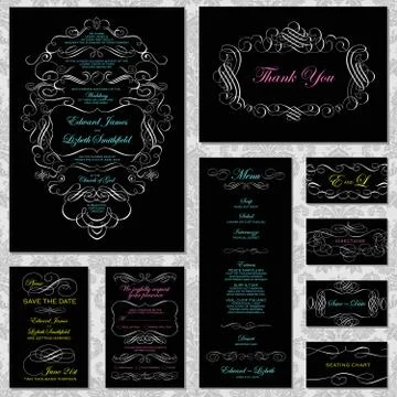 Vector retro victorian wedding invite and stationary set with neon Stock Illustration