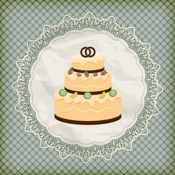 Vector retro wedding invitation with big wedding cake on lacy napkin Illustrazione stock