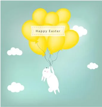 Vector retro white easter bunny rabbit flies holding yellow balloons Stockillustratie