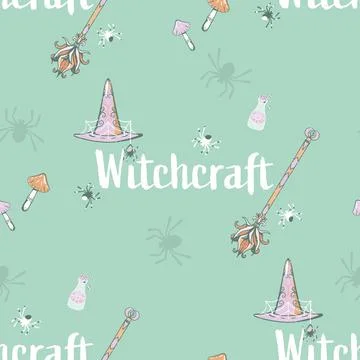 Vector Retro Witchcraft Essentials on Pastel Green seamless pattern background Stock Illustration