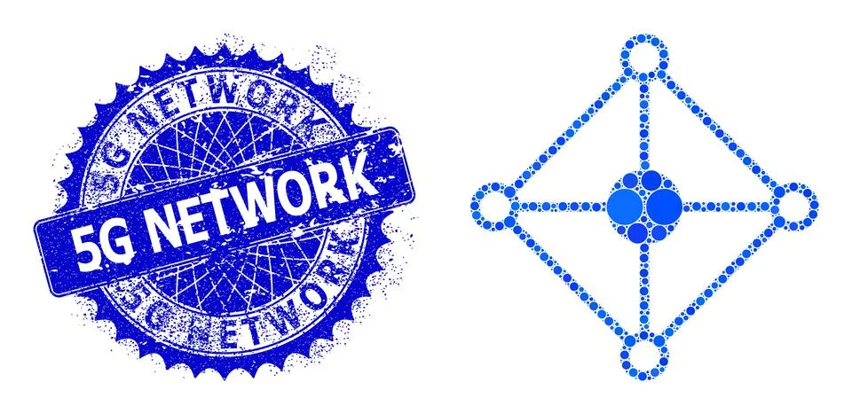 Vector Rhombus Grid Node Composition of Dots and Grunge 5G Network Badge Stock Illustration