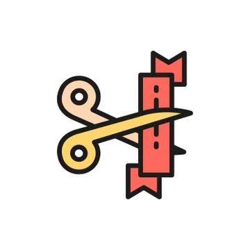 Vector ribbon cut with scissors, opening ceremony flat color line icon. Stock Illustration