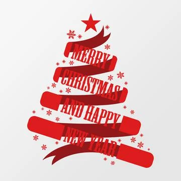 Vector of Ribbon Pine Christmas Tree, Merry Christmas Typographic Poster. Stock Illustration