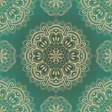 Vector, rich, seamless background with symmetrical mandalas Stock Illustration