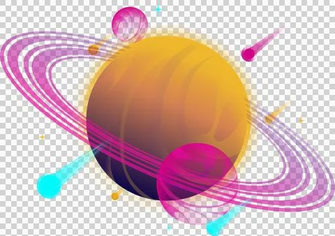 Vector ringed planet is glowing with magenta rings, pink moons, cyan comets on Ilustração Stock