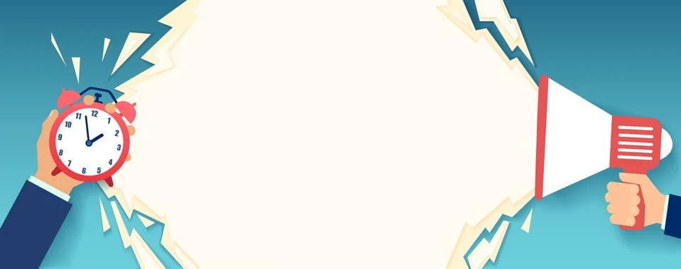 Vector of a ringing alarm clock and megaphone in the hands of two business me Stock Illustration