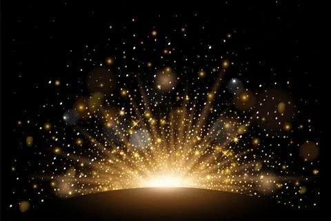 Vector rising sun light effect with rays, stars and sparkles with bokeh Ilustración de archivo