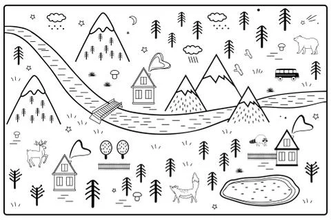 Vector River, Mountains and Woods Adventure Map with Houses and Animals Stock Illustration
