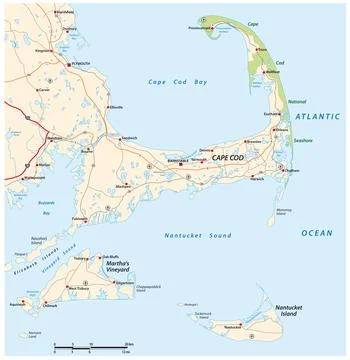 Vector road map Cape Cod, Martha s Vineyards, Nantucket, Massachusetts, USA Stock Illustration