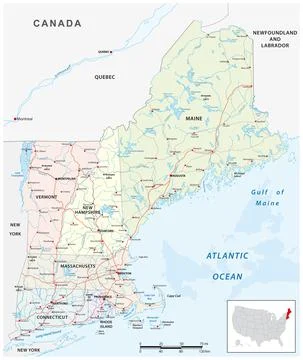 Vector road map of the six new england states, united states Stock Illustration
