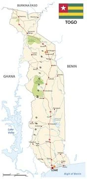 Vector road map of west african state togo with flag Stock Illustration