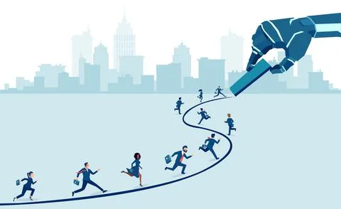 Vector of a robot AI drawing a career path to a running competing group of bu Stock Illustration