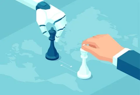 Vector of a robot and human hand playing chess game. Illustrazione stock