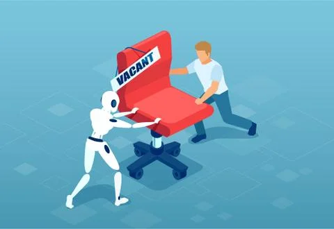 Vector of a robot and a man fighting for vacant job position. Stock Illustration
