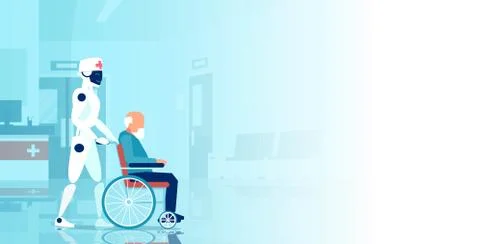 Vector of a robot assisting disabled senior man in a wheelchair Stock Illustration