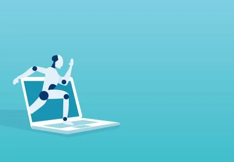 Vector of a robot breaking surface of a laptop monitor. Stock Illustration