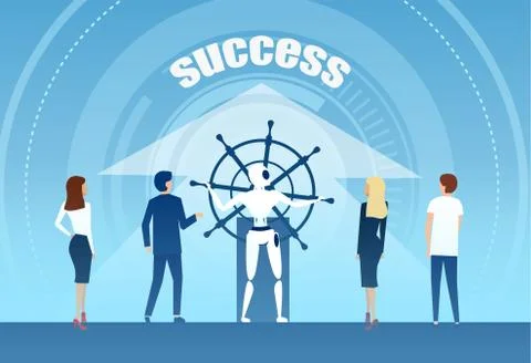Vector of a robot in charge of ship steering wheel bringing businesspeople te Stock Illustration