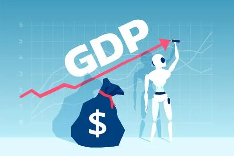 Vector of a robot drawing rising up arrow graphic standing by a dollar sack Illustrazione stock