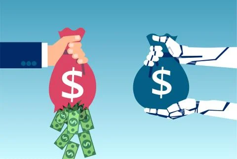 Vector of a robot hand holding sack of money and businessman loosing profit d Stock Illustration