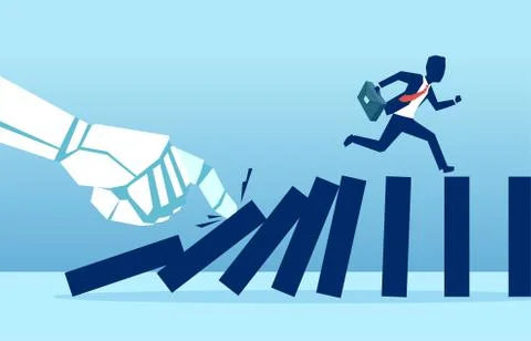 Vector of a robot hand pushing dominoes while businessman runing away from fa Stock Illustration