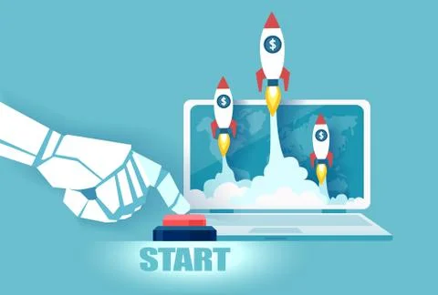 Vector of a robot hand pushing the start button to launch rockets from laptop Stock Illustration