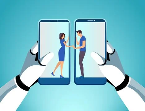 Vector of a robot hands holding two smartphones connecting young couple via s Stock Illustration