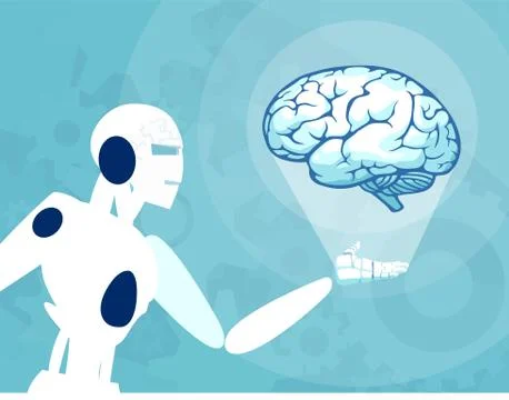 Vector of a robot holding and looking at human brain Stock Illustration