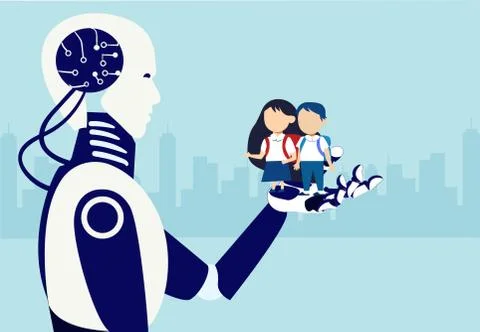 Vector of a robot holding in his hand two students a boy and a girl Stock Illustration