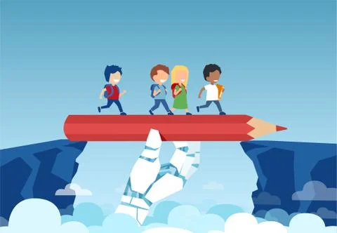 Vector of a robot holding a pencil bridging the gap in primary education for  Stock Illustration