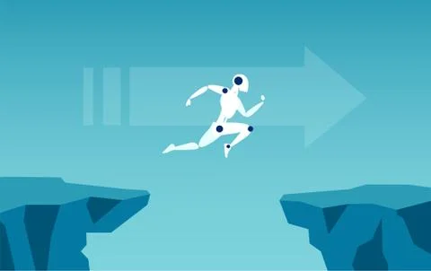 Vector of a robot jumping over gap as symbol of overcoming challenges. Stock Illustration