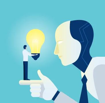 Vector of a robot learning from a businessman with bright idea light bulb Stock Illustration