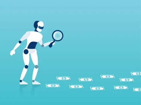 Vector of a robot looking at dollar banknotes through magnifying glass search Stock Illustration