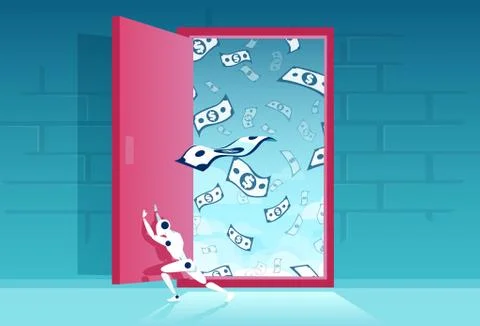 Vector of a robot opening a door of financial opportunities Stock Illustration