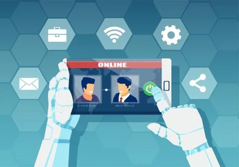 Vector of a robot providing customer, chatbot operator service to networking  Stock Illustration