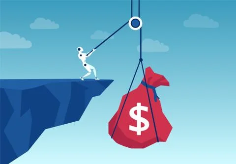 Vector of a robot pulling up from a cliff a sack of money. Stock Illustration