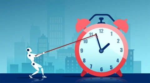 Vector of a robot pulling clock arrow saving time spent on project. Stock Illustration